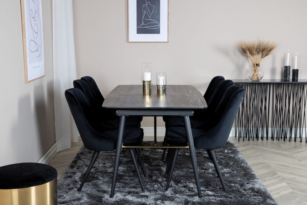 Gold & Velvet Deluxe Matbord 85x180 + Matstolar Svart
