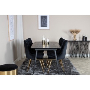 Gold & Velvet Deluxe Rektangulära Matbord 180 x 85 Black + Matstolar 2-pack Black – Dina Möbler