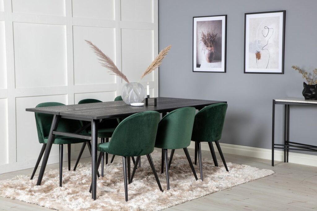Sleek & Velvet Matbord 95x195 + Matstolar Grön