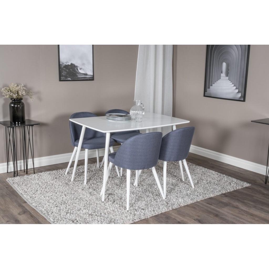 Polar & Velvet Rektangulära Matbord 120 x 75 Vit + Matstolar Blå