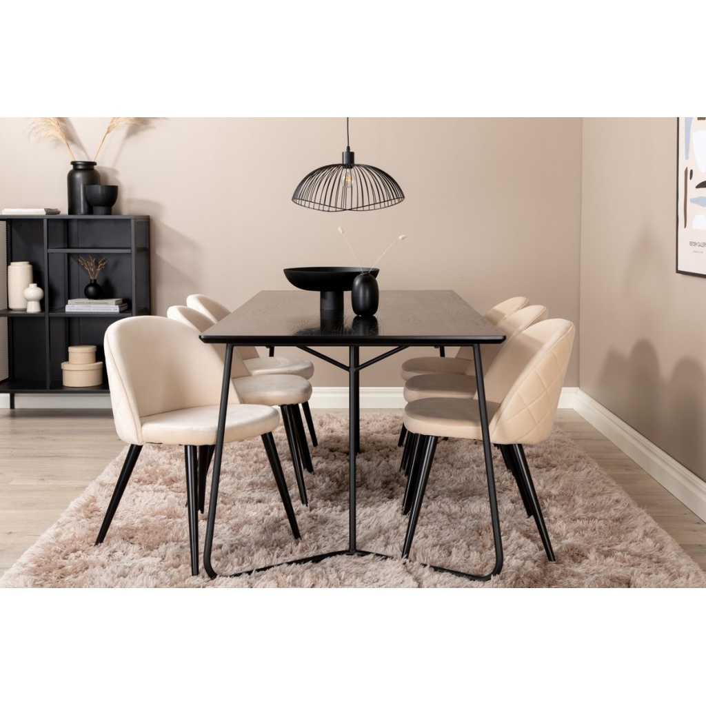 Petra & Velvet Rektangulära Matbord 190 x 90 Black + Matstolar Beige