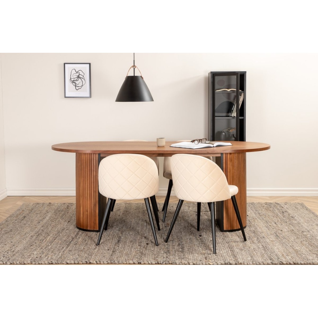 Bianca & Velvet Ovala Matbord 200 x 90 Walnut + Matstolar Beige