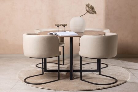 Durango & Simrishamn Runda Matbord ⌀120 Walnut + Matstolar Beige – Dina Möbler