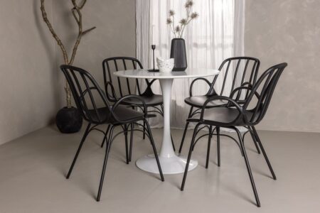 Dyrön & Hamden Matstolar 2-pack Svart + Runda Matbord ⌀80 Vit – Dina Möbler