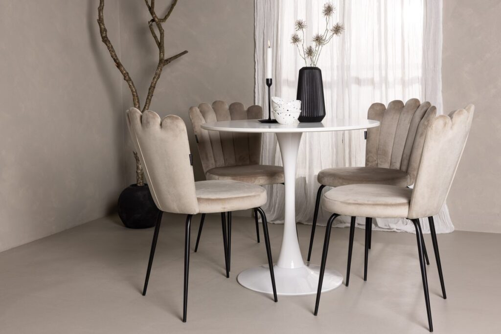 Limhamn & Hamden Matstolar Beige + Runda Matbord ⌀80 White